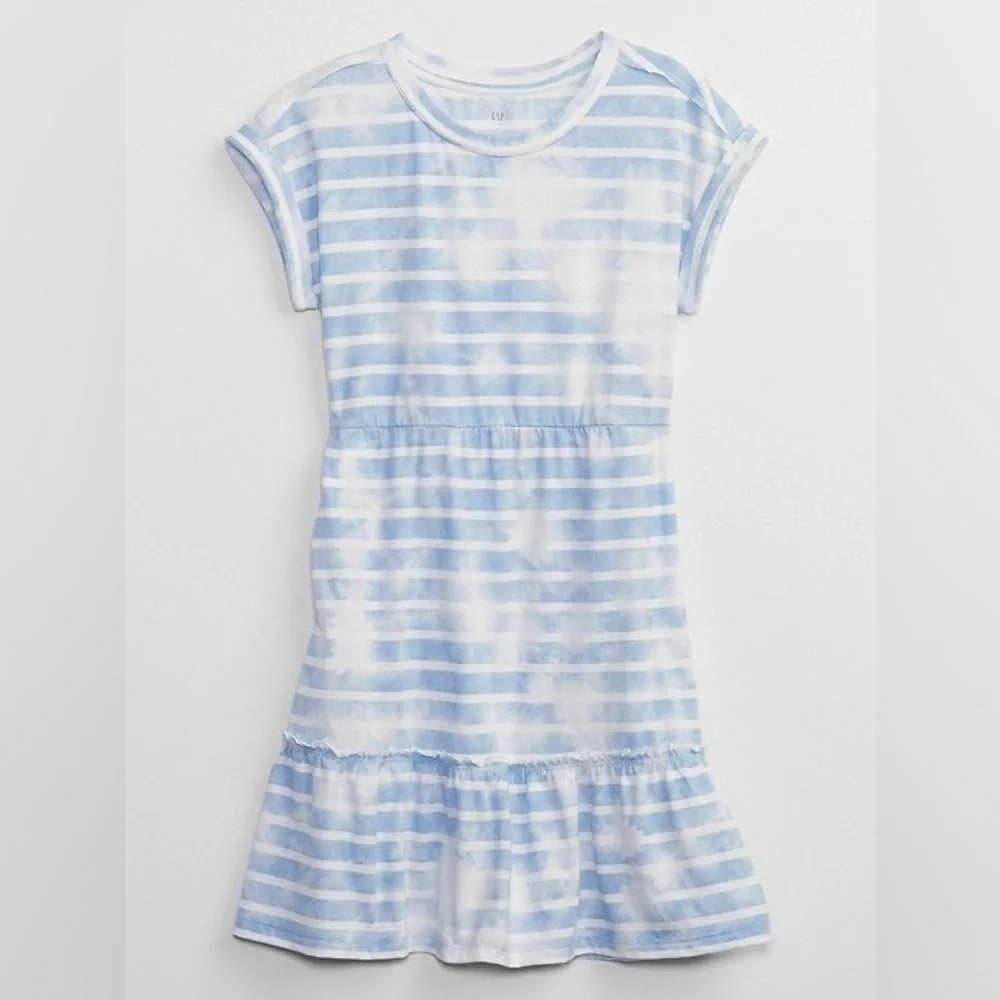 GAP Kids Blue and White Striped Ruffle T-Shirt Dress Size Small